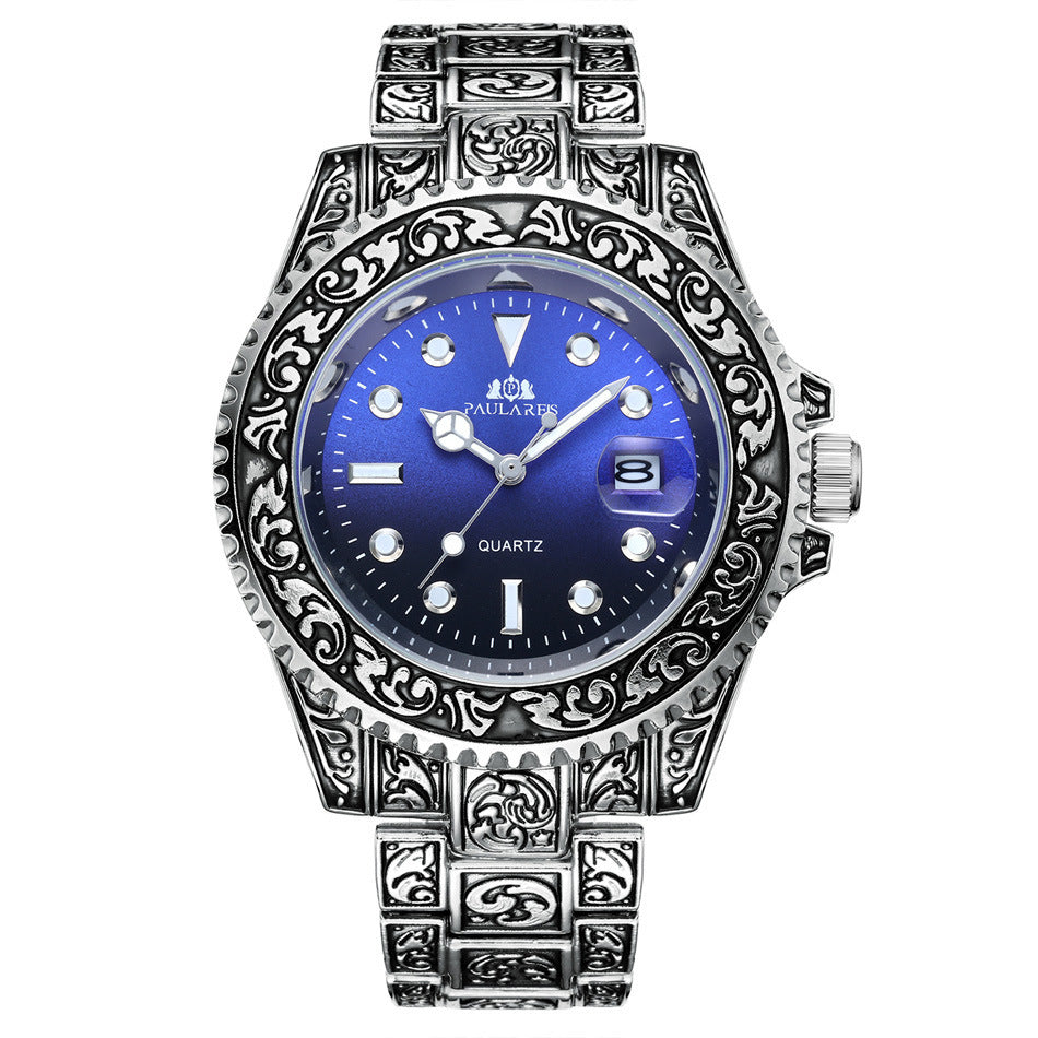 Orologio da uomo luminoso con calendario fantasma intagliato al quarzo e movimento ad acqua