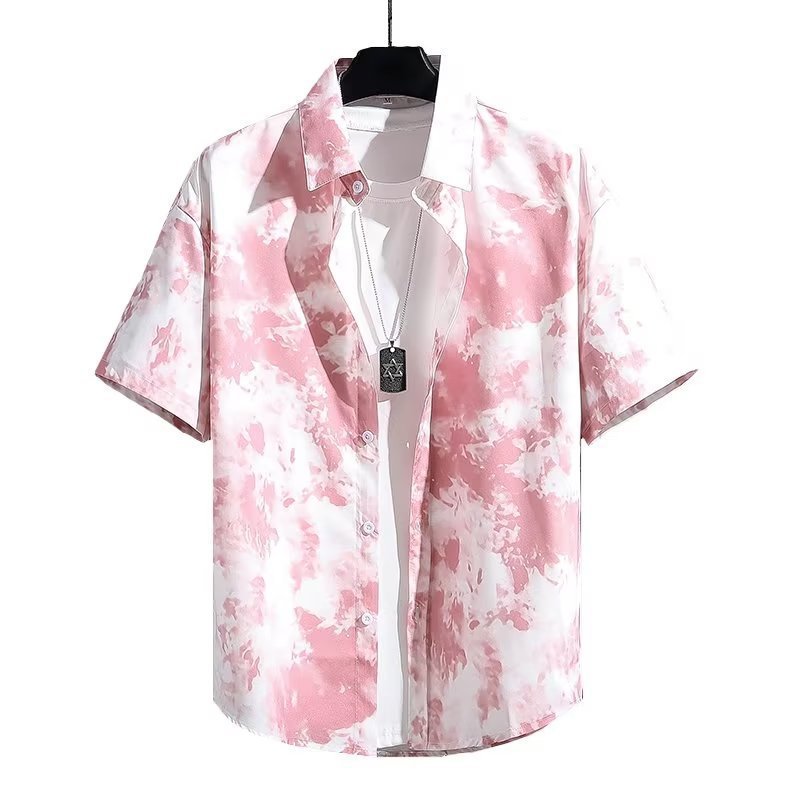 Men's Fashionable Casual Shirt Solid Color Polyester Fiber Ice Silk Breathable Short Sleeve High-end Printed Men's Shirt