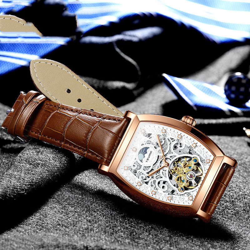 Orologio da polso da uomo con tourbillon scheletrato resistente agli urti con movimento meccanico automatico e cinturino in vera pelle