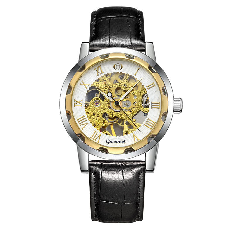 Men Mechanical Watch Top Brand Luxury Leather Gucamel Design Hand Winder Wrist Skeleton Watches - Acquisti Online