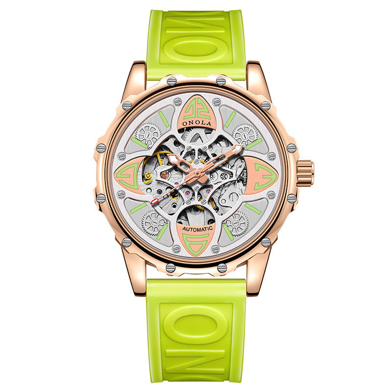 ONOLA Men Automatic Mechanical Watch Lucky Grass Luxury Hollow Out Dial Waterproof Silicone Band Mechanical Watch