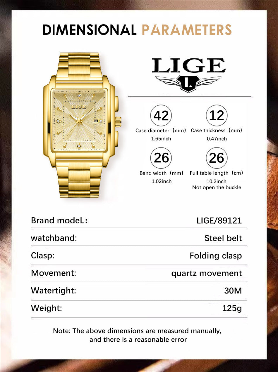 Lige Men's Business Casual Square Large Dial Steel Belt Watch Gold Color Quartz Automatic Movement Waterproof Watch - Acquisti Online