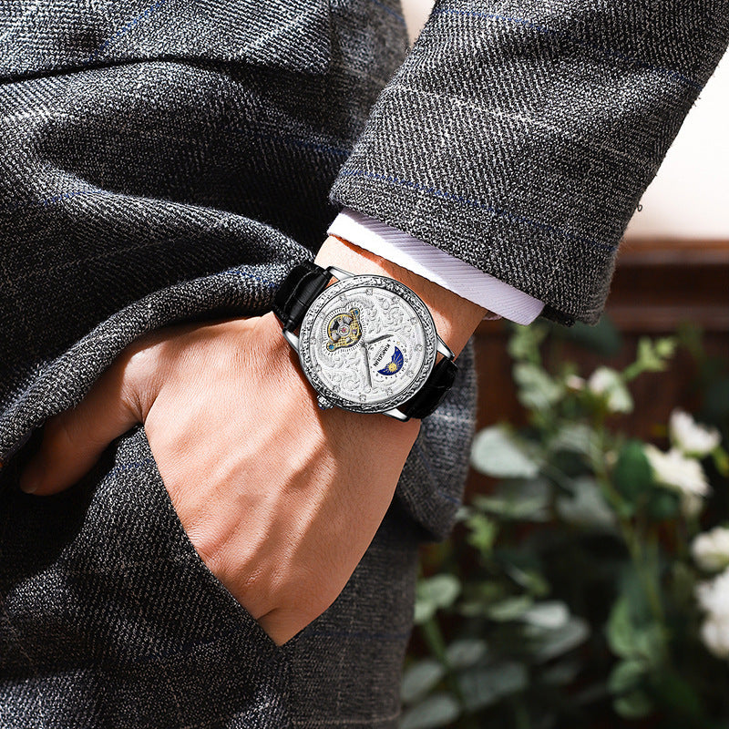 Kimsdun Brand New Men's Watch Carved Moon Phase Quartz Watch High Quality Large Dial Leather Strap Man Wristwatch Tourbillon Mechanical Watch - Acquisti Online