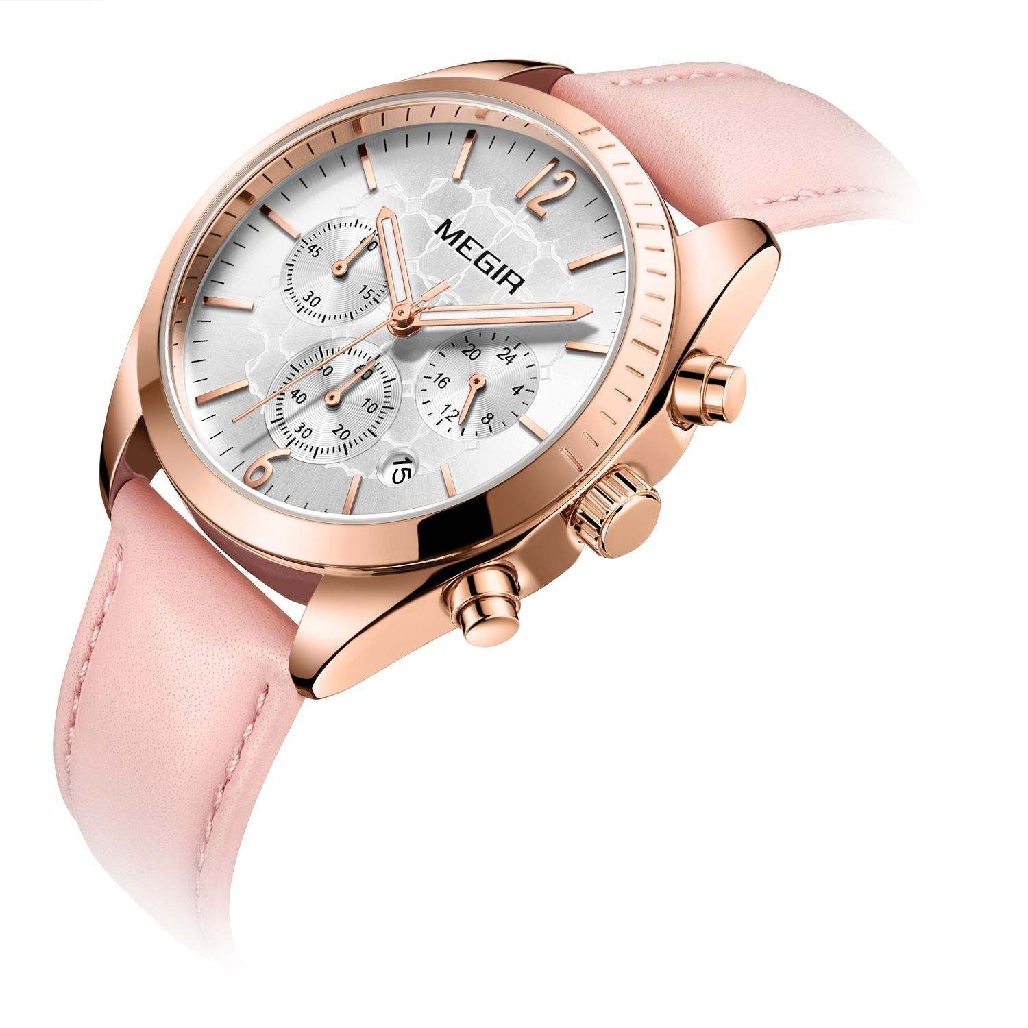MEGIR Dames Quartz Horloge Waterdicht Topmerk Luxe Chronograaf Dames Polshorloge Echt Leer Casual Horloge