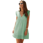 Summer V-neck Cotton Short Skirt Solid Color Dress