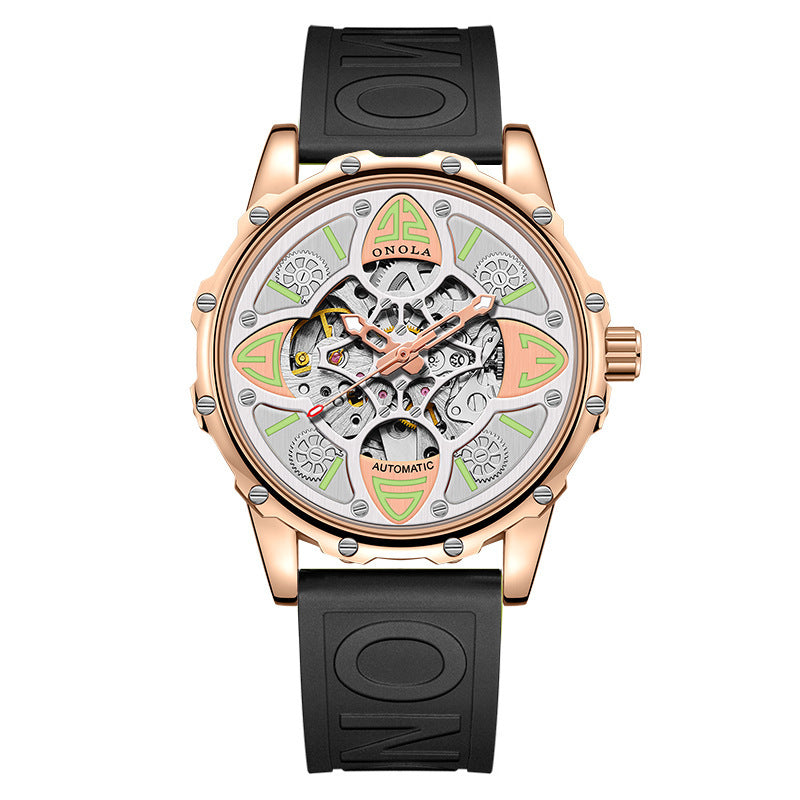 ONOLA Men Automatic Mechanical Watch Lucky Grass Luxury Hollow Out Dial Waterproof Silicone Band Mechanical Watch