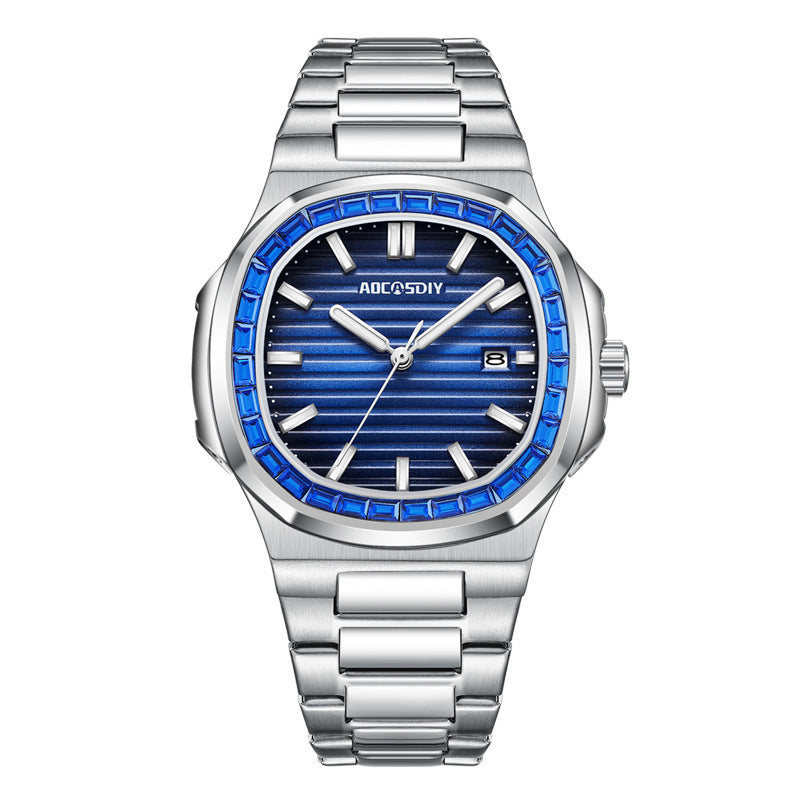 AOCASDIY Top Luxury Brand Fashion New Men's Waterproof Watch with Super Luminous Square Diamond Quartz Watch Full Steel Belt Watch