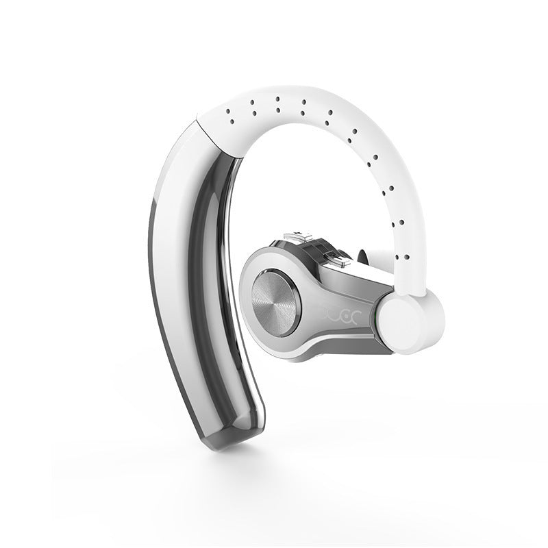 A single wireless stereo bluetooth earbud with an over-the-ear hook design, predominantly black in color with a silver accents and a logo on the side.