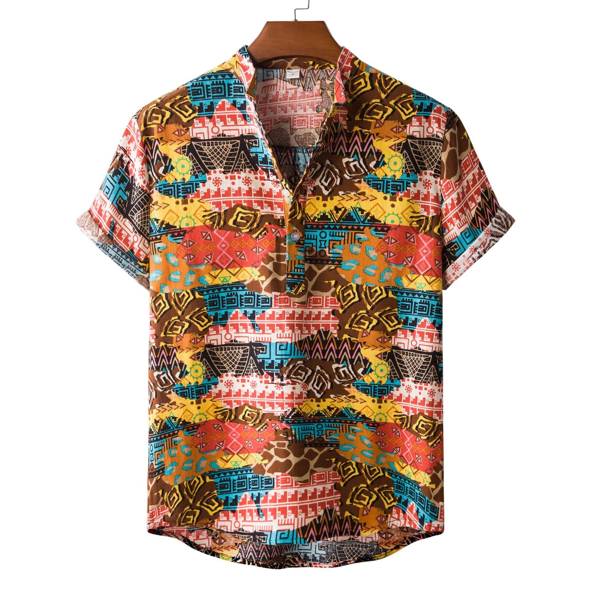 Men's Fashionable Casual Shirt Printed Loose Hawaiian Shirt Stand Collar Cotton Linen Ethnic Printed Men's Shirts