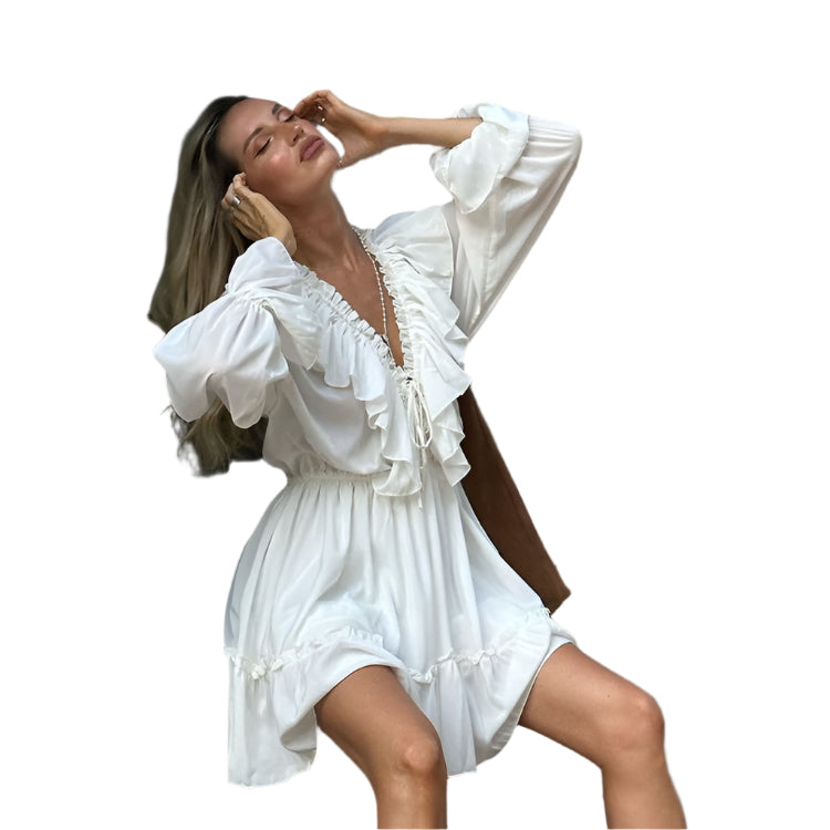 Fashion V Neck Pleated Ruffle Long Sleeve Dress Y2K V Neck Flared Sleeve Short Dress Women's Clothing