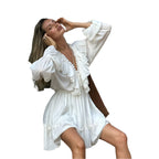 Fashion V Neck Pleated Ruffle Long Sleeve Dress Y2K V Neck Flared Sleeve Short Dress Women's Clothing