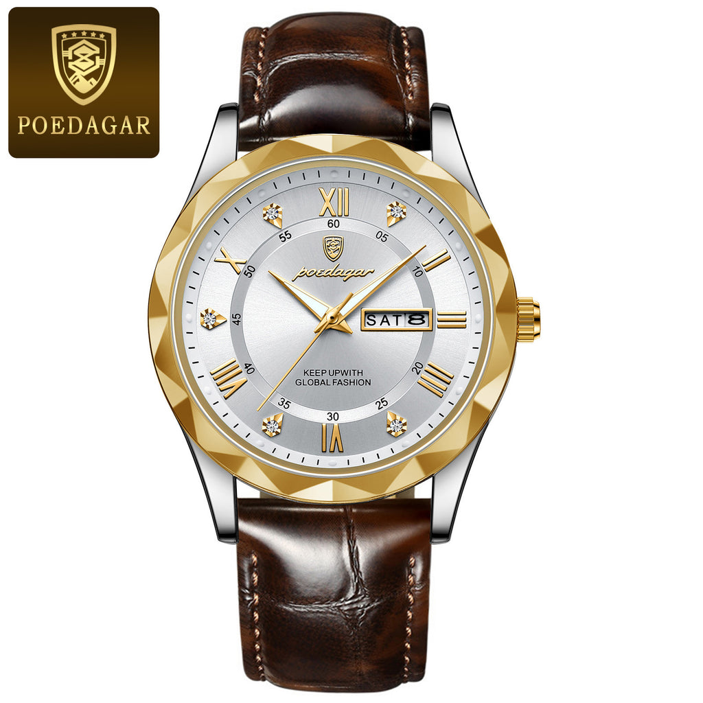 POEDAGAR Luxury Business Men's Wrist Watch Waterproof Luminous Date Week Men's Watch for Men Quartz Watch Leather Men's Watches reloj