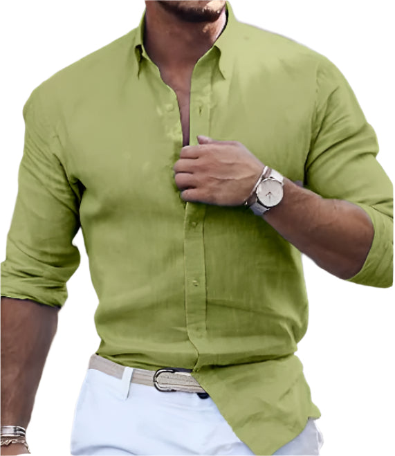 Katoenen linnen overhemd met lange mouwen, effen kleur, polokraag, casual stijl, herenoverhemd