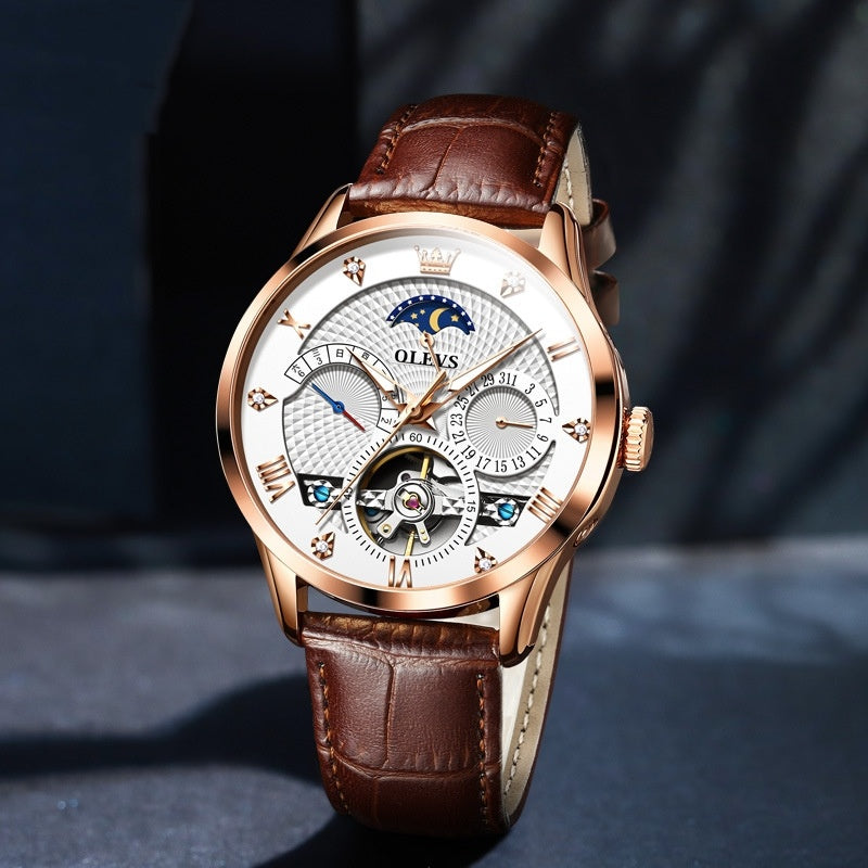 OLEVS Men's Watch Luxury Mechanical Wristwatch Men Leather Strap Waterproof Luminous Double Calendar Hollow Flywheel Automatic Mechanical Watch