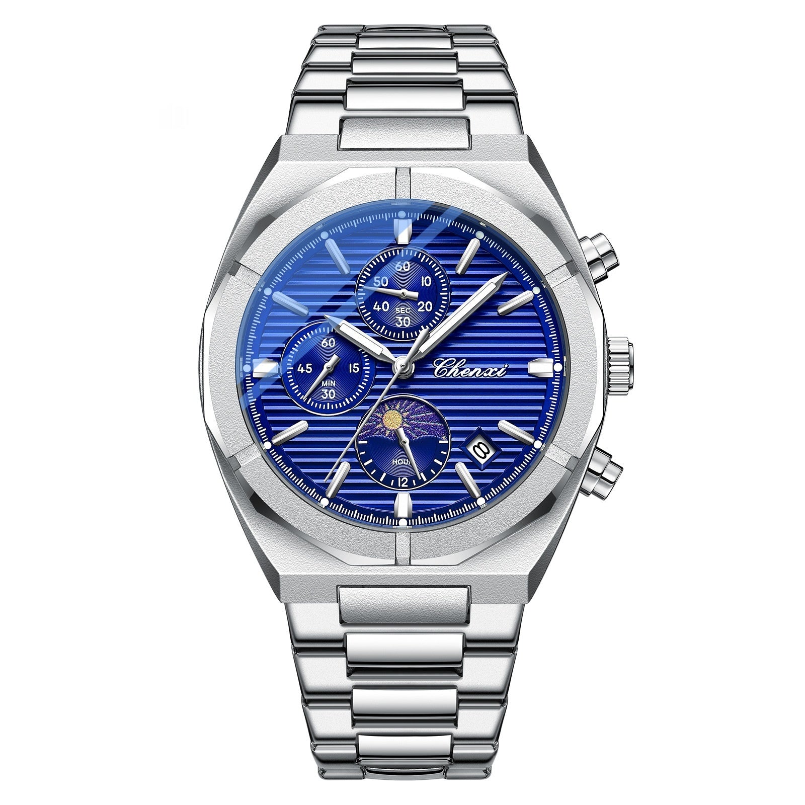 CHENXI 962 Orologio da uomo al quarzo con cinturino in acciaio inossidabile, cronografo di lusso, luminoso, impermeabile, con data