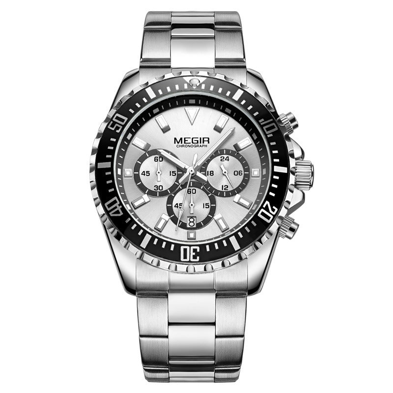 MEGIR 2064 Quartz Watch Luxury Fashion Business Chronograph Analog Display Silver Stainless Steel Band Men's Wrist Watches