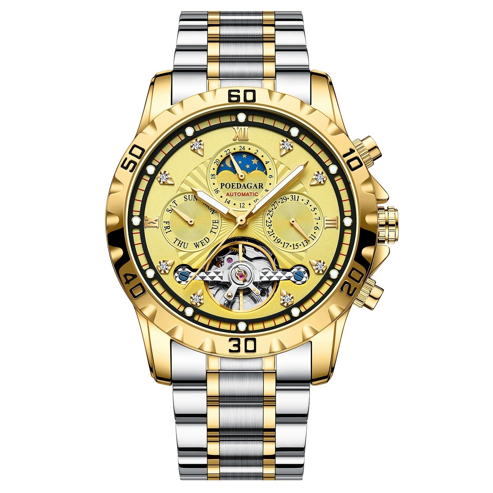 Orologio meccanico automatico di lusso POEDAGAR Tourbillon impermeabile luminoso in acciaio inossidabile da uomo