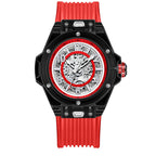 Orologio meccanico automatico da uomo che unisce l'ingegneria di precisione a un design elegante e trasparente. Orologio con cinturino in gomma.