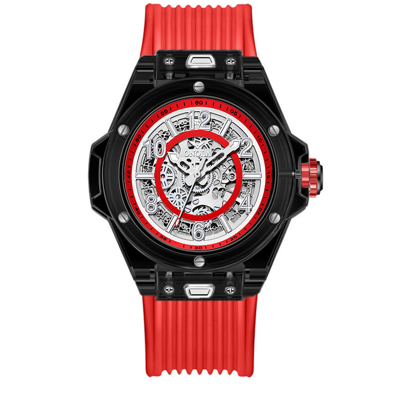 Orologio meccanico automatico da uomo che unisce l'ingegneria di precisione a un design elegante e trasparente. Orologio con cinturino in gomma.
