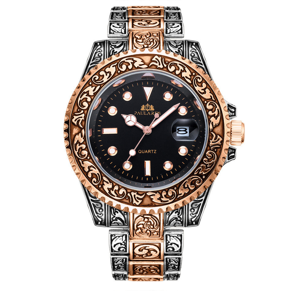 Orologio da uomo luminoso con calendario fantasma intagliato al quarzo e movimento ad acqua