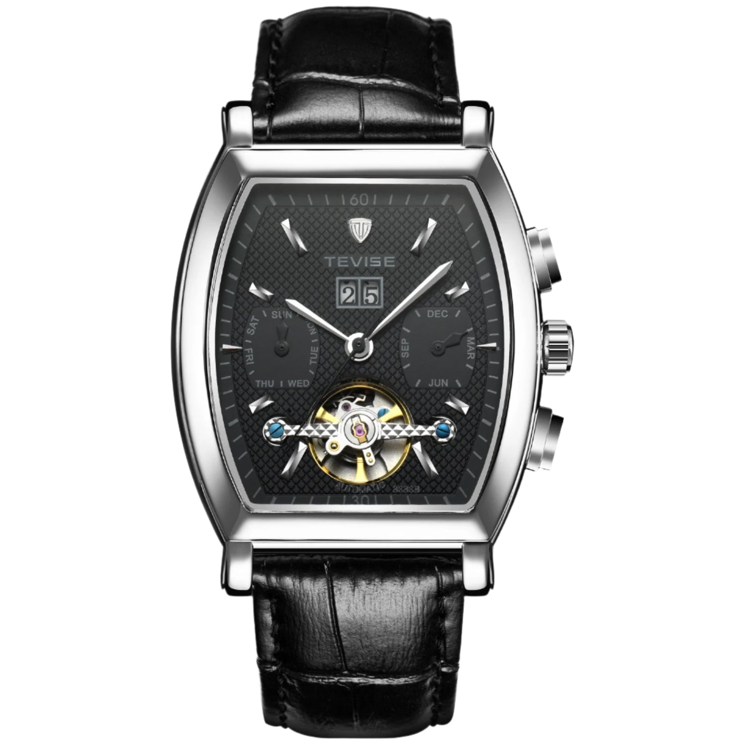 Tevise Man Automatic Movement Mechanical Watch Waterproof Leather Band Multifunctional Wine Barrel Men's Watch