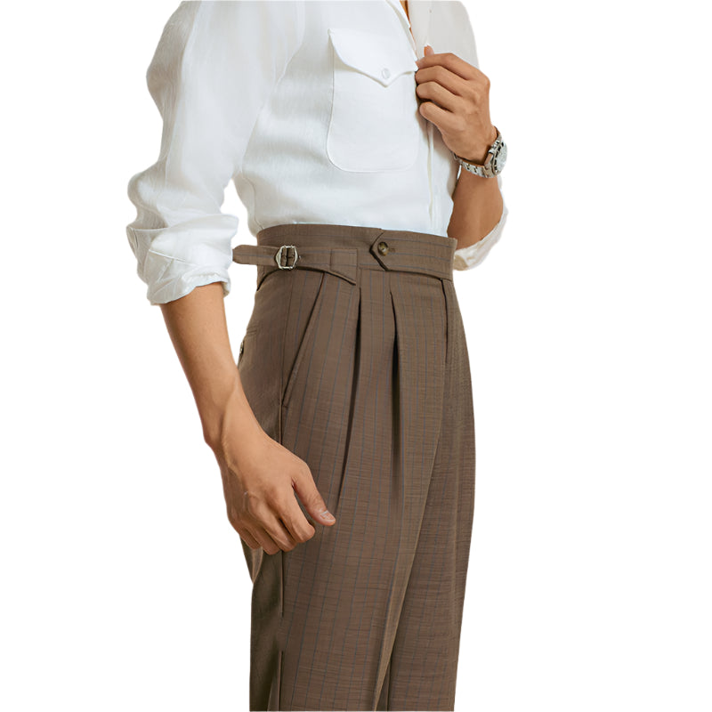 Men's Striped Double Pleated Straight Leg Pants