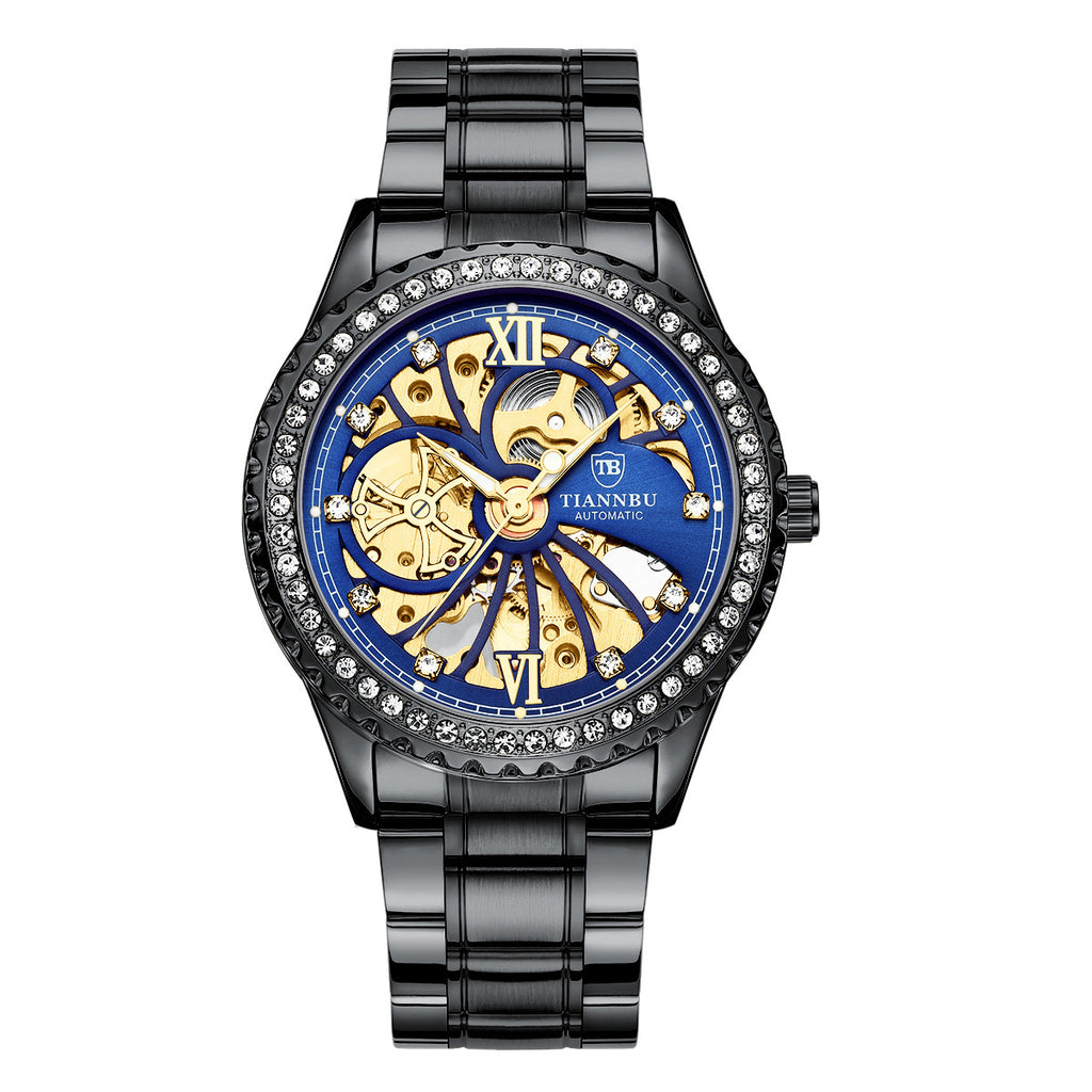 Orologio meccanico automatico da uomo alla moda TIANNBU con diamanti, in acciaio inossidabile, impermeabile