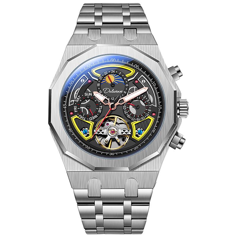 Luxury Tourbillon Watch Men Fashion Rubber Strap Moon Phase Automatic Mechanical Wristwatch Waterproof Watch