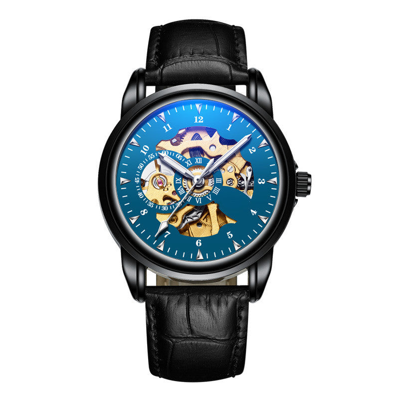 Orologio meccanico luminoso impermeabile in pelle semplice da uomo alla moda