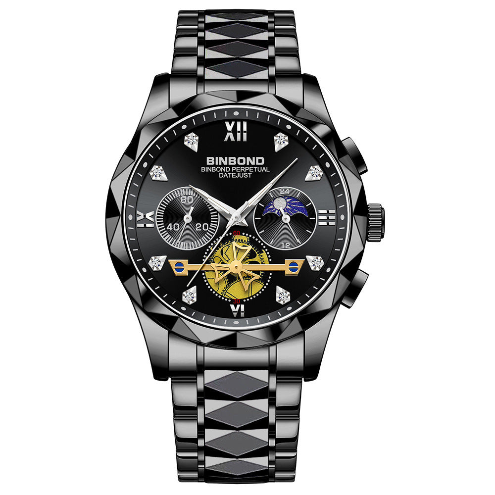 Mens Watch Diamond Big Face Stainless Steel Luxury Business Dress Date Day Wrist Watch Waterproof Luminous Multifunctional Quartz Watch - Acquisti Online