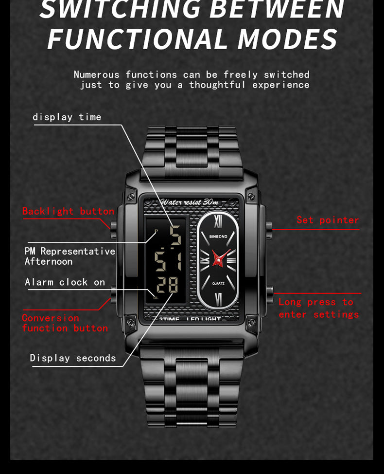 Binbond Men's Steel Belt Electronic Watch Double Inserts Multi-Functional Waterproof Quartz Movement Watch - Acquisti Online