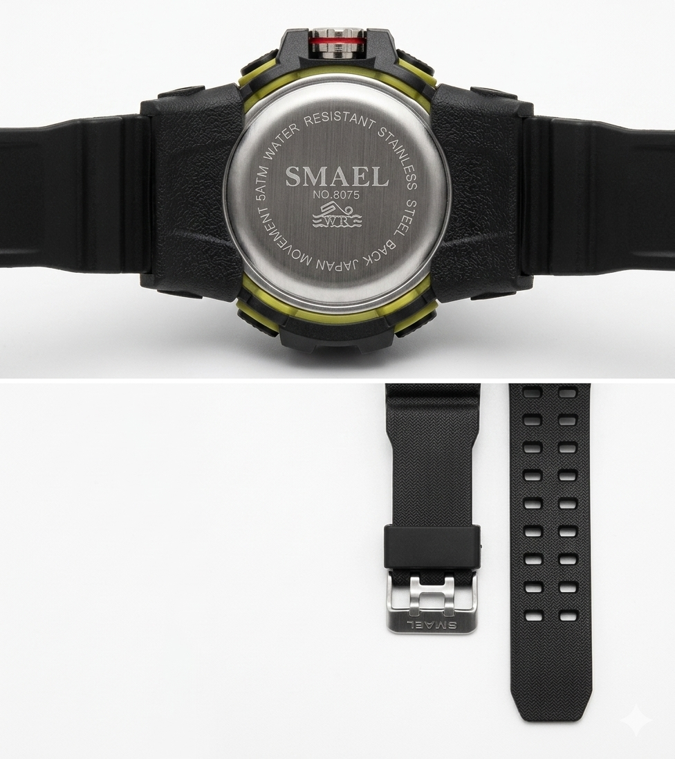 SMAEL watch with black strap and silver case on a white background