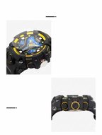 Black and yellow watch with detailed face on a white background