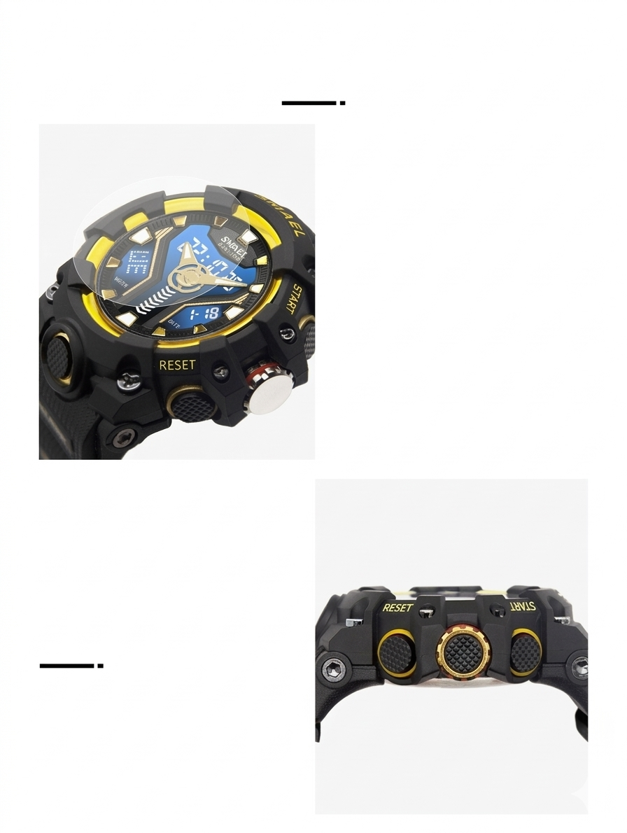 Black and yellow watch with detailed face on a white background