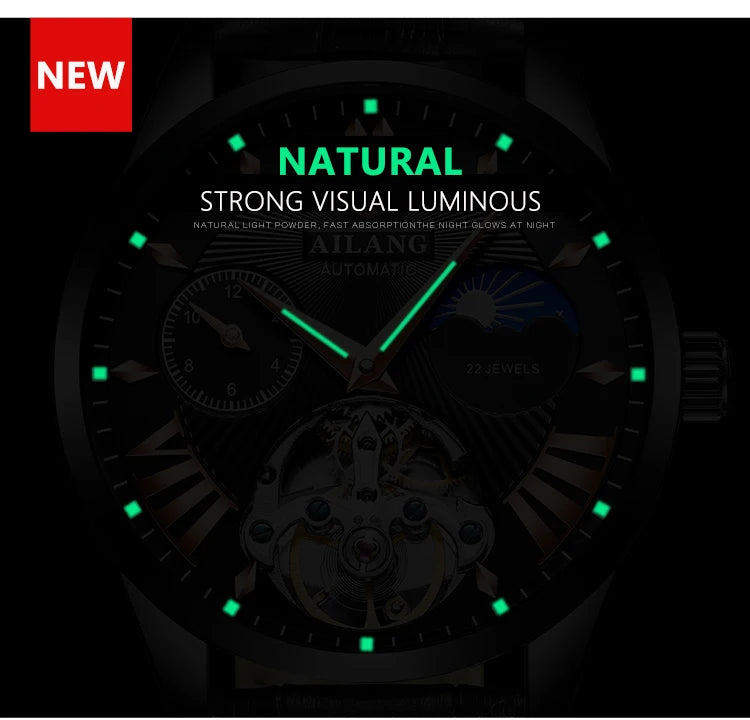 AILANG Men's Automatic Watch Leather Band Waterproof Mechanical Movement Watch Man Business Casual Watch