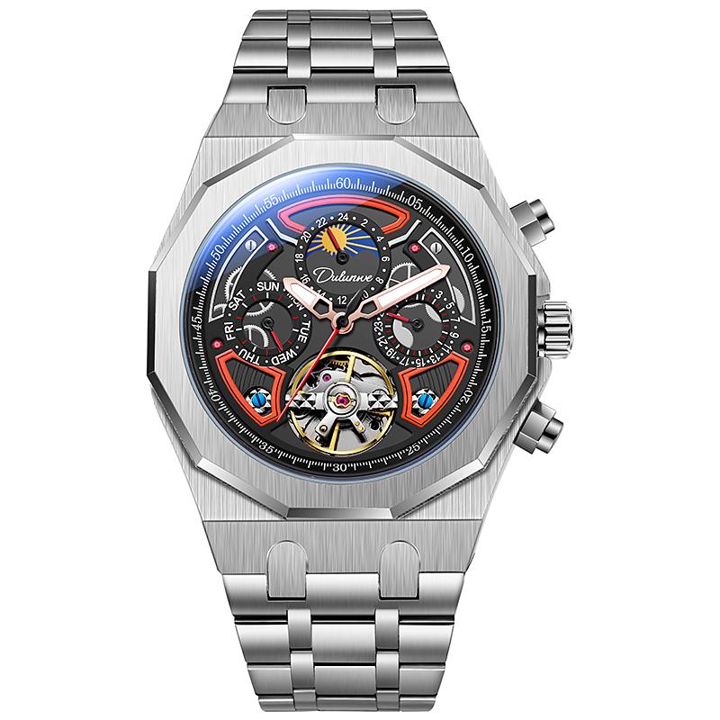 Luxury Tourbillon Watch Men Fashion Rubber Strap Moon Phase Automatic Mechanical Wristwatch Waterproof Watch