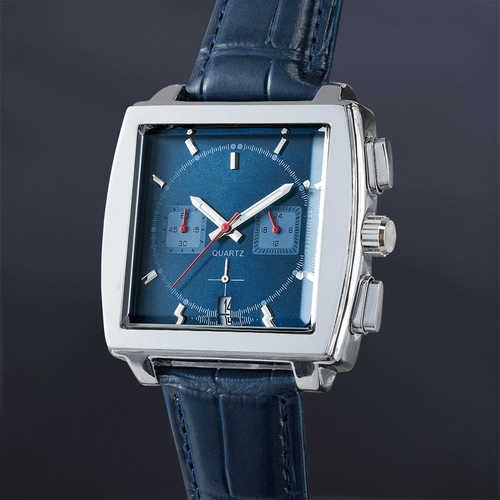 Men's Fashion Multifunction Six Hands With Calendar Quartz Business Watches Wristwatch Monaco Chronograph Calibre 12 Mens Luxury Quartz Leather Strap Watch