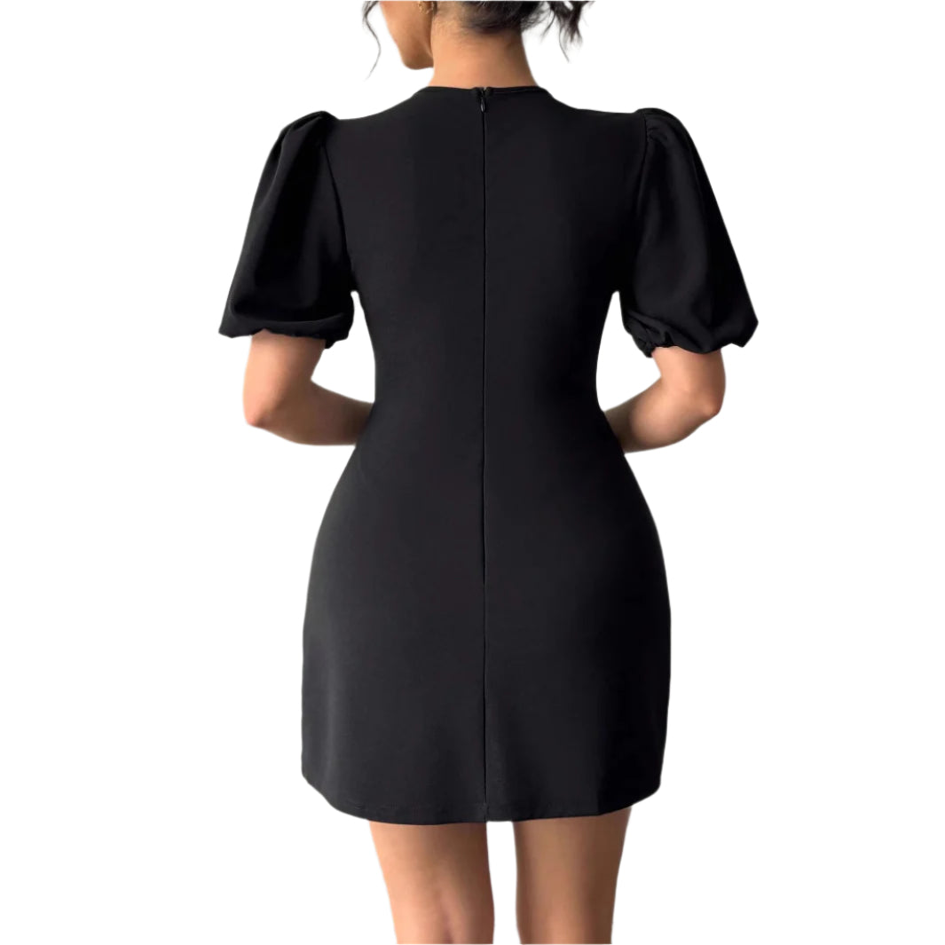 Women's Fashionable Round Neck Hollow Crystal Puff Sleeve Waist-tight  Women Dress Short Sleeve Women's Dress