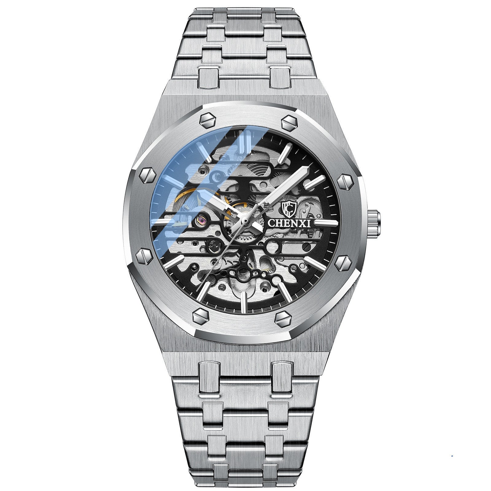 Orologi da polso meccanici automatici da uomo con lancette luminose e cinturino in acciaio inossidabile, quadrante scheletrato