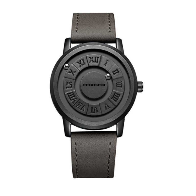 FOXBOX-Men's Magnetic Quartz Wristwatch Creative Scroll Pointer Genuine Leather Watch