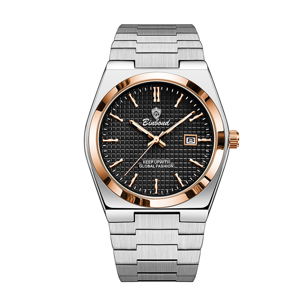Binbond Orologio al quarzo da uomo in acciaio, luminoso, alla moda, impermeabile, alla moda.