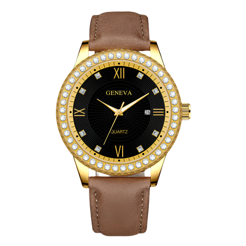 Genève Nieuwe Romeinse Schaal Heren Diamant vervaardigd Kalender Stalen Band Quartz Horloge Roestvrij Staal Heren Quartz Horloge