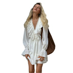 Fashion V Neck Pleated Ruffle Long Sleeve Dress Y2K V Neck Flared Sleeve Short Dress Women's Clothing
