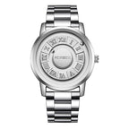 FOXBOX-Men's Magnetic Quartz Wristwatch Creative Scroll Pointer Genuine Leather Watch