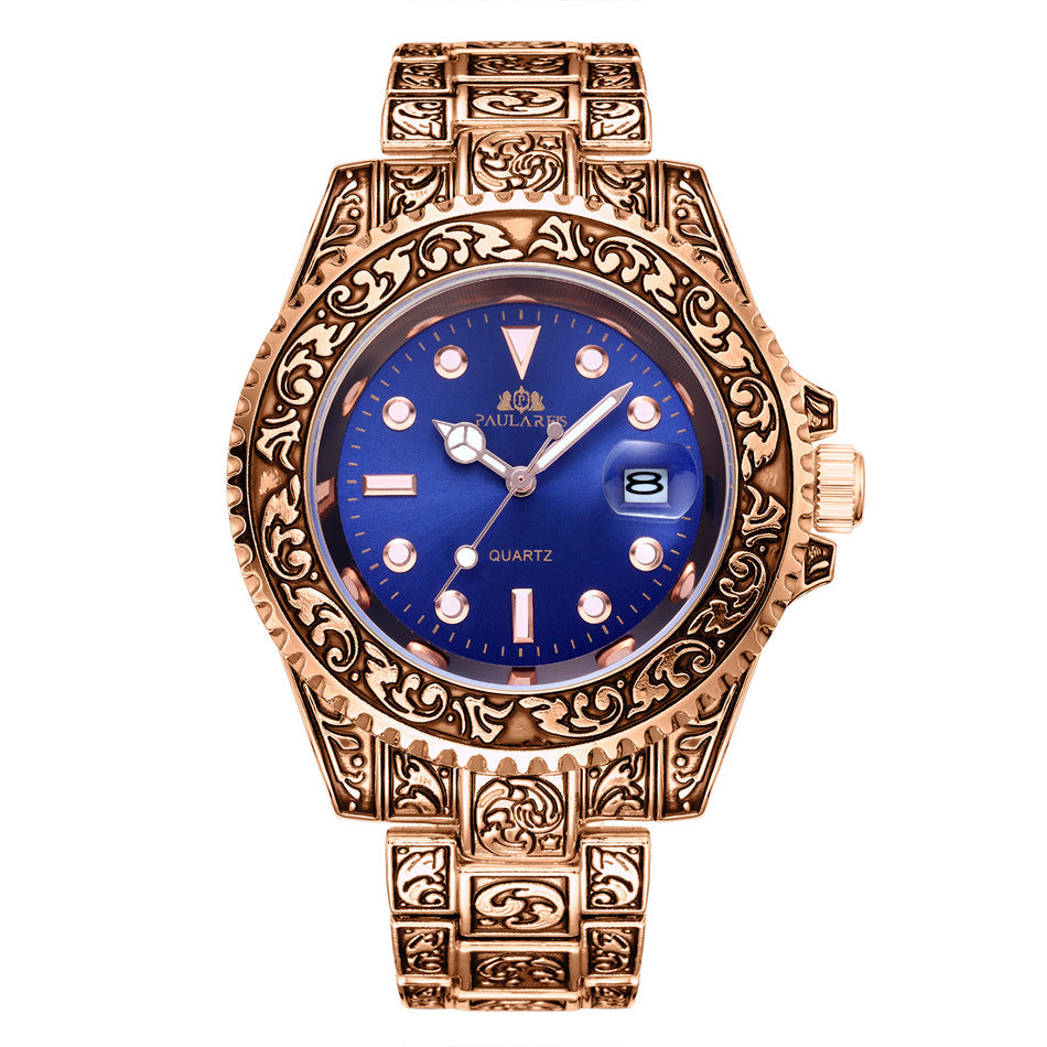 Paulares Men Quartz Movement Watch Carved Water Ghost Calendar Luminous Men's Watch - Acquisti Online