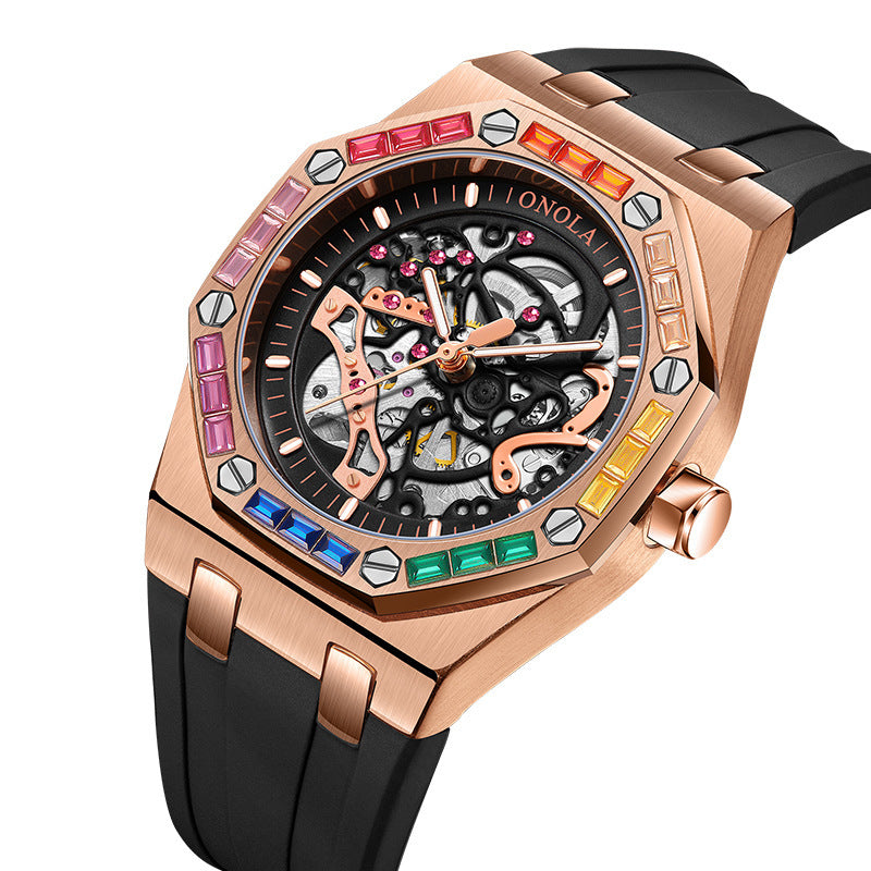 Orologio meccanico automatico da uomo con cinturino in silicone e diamanti arcobaleno