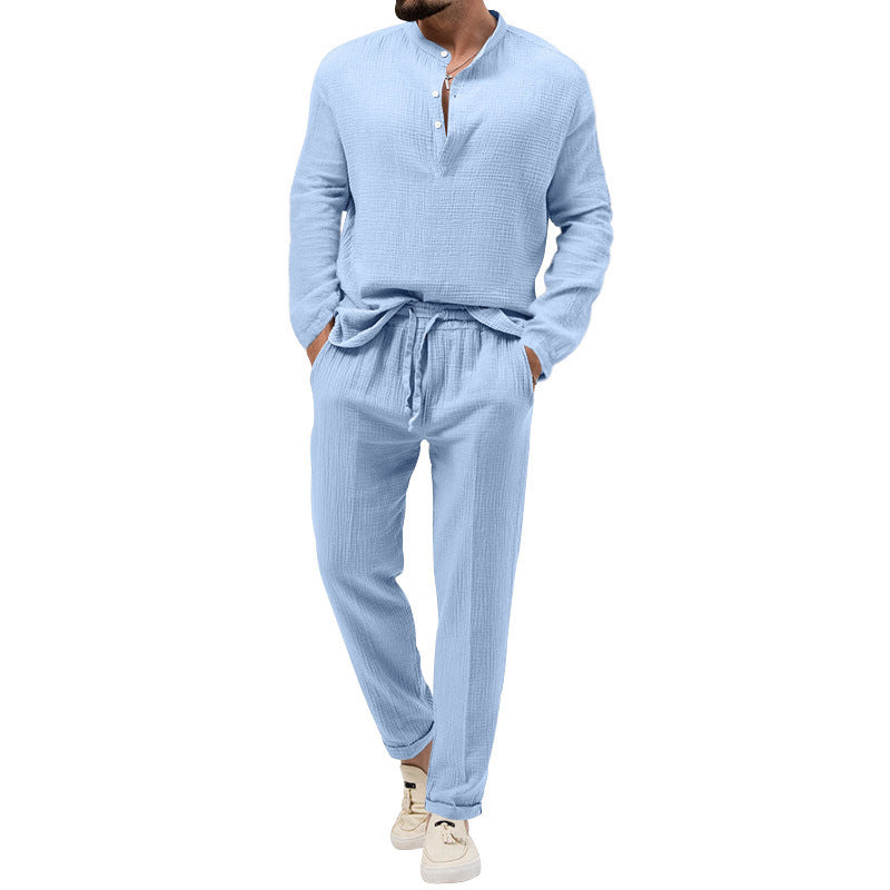 Men's Fashionable Casual Shirt Solid Color Polyester Fiber Casual Leisure T-shirt Long Sleeve Shirt Trousers Suit Men's Set - Acquisti Online