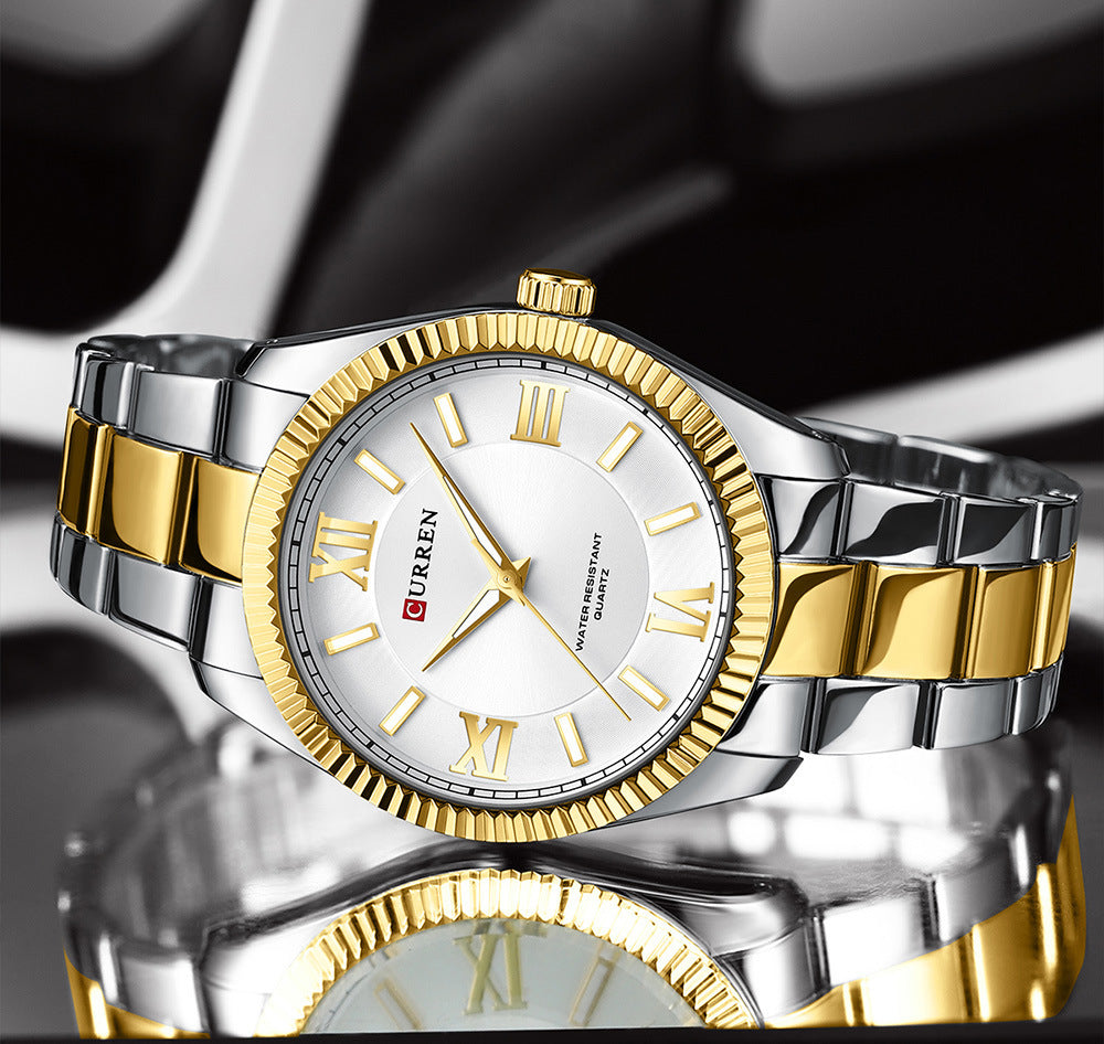 Herenhorloge met lichtgevende stalen band en Romeinse schaal, quartzhorloge