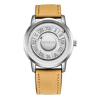 FOXBOX-Men's Magnetic Quartz Wristwatch Creative Scroll Pointer Genuine Leather Watch