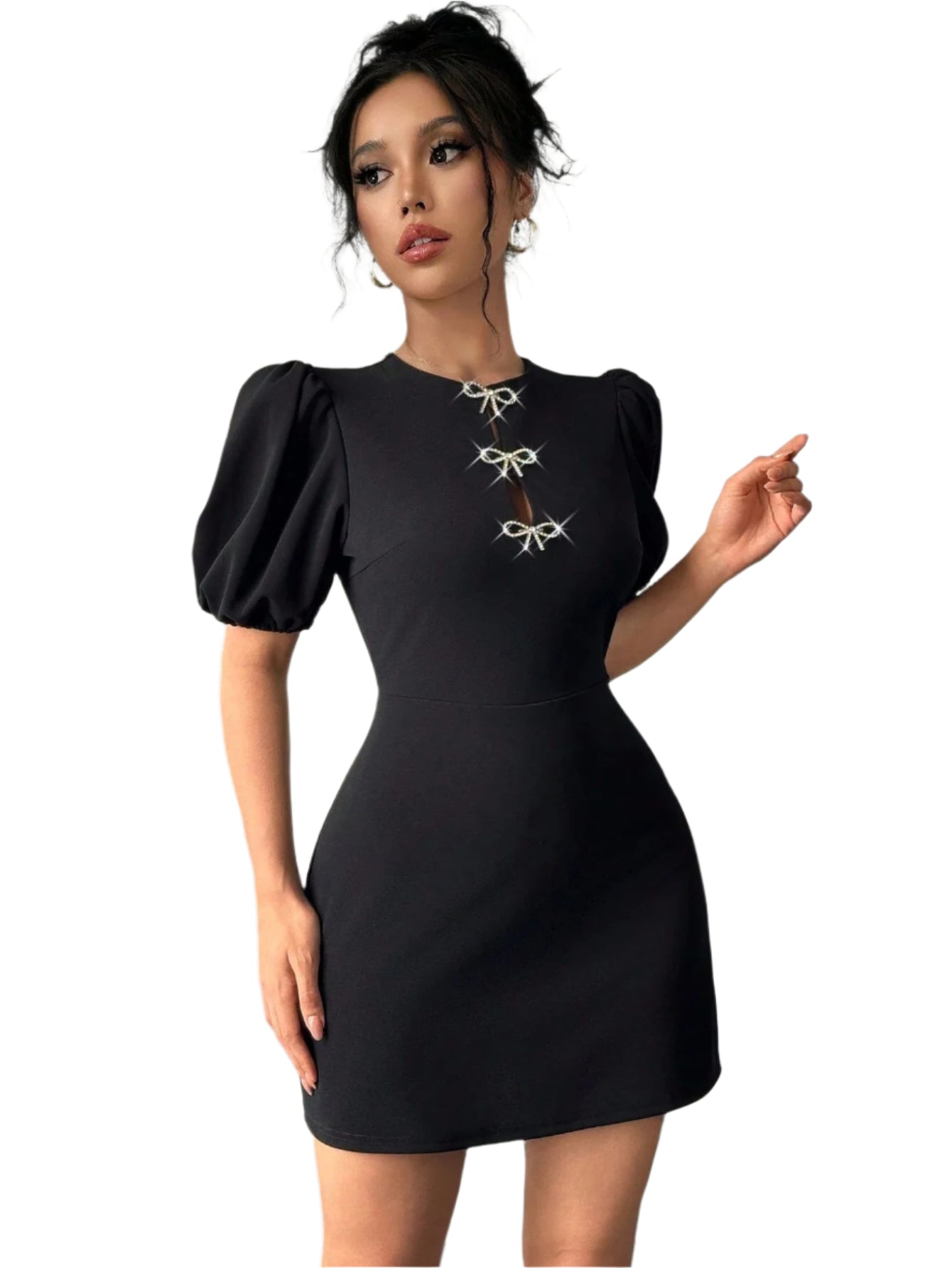 Women's Fashionable Round Neck Hollow Crystal Puff Sleeve Waist-tight  Women Dress Short Sleeve Women's Dress